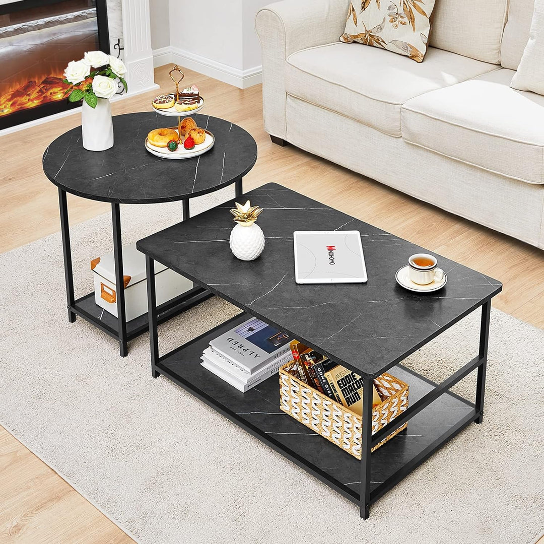 Sleek Modern Coffee Table Set, Detachable Center Table, Black Marble