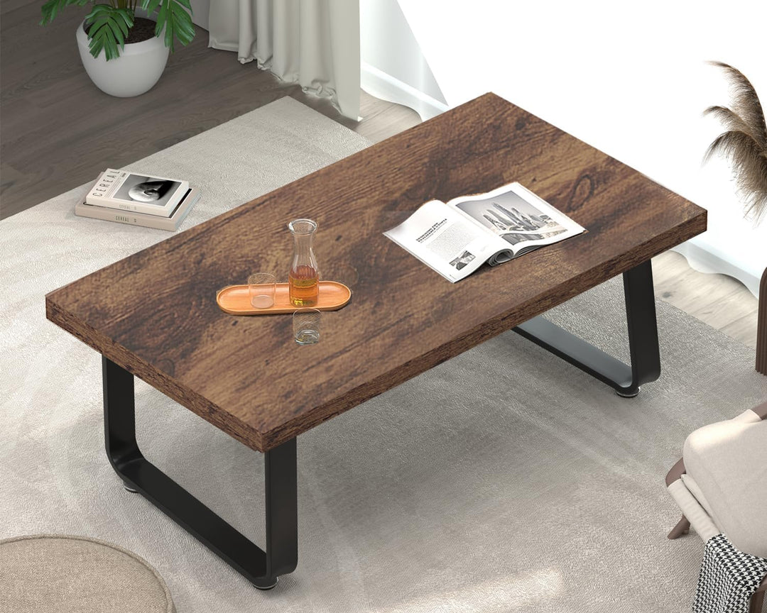 HSH Wooden Coffee Table, Industrial Rectangle Center Table, Modern Minimalist Living Room Furniture, Rustic Brown