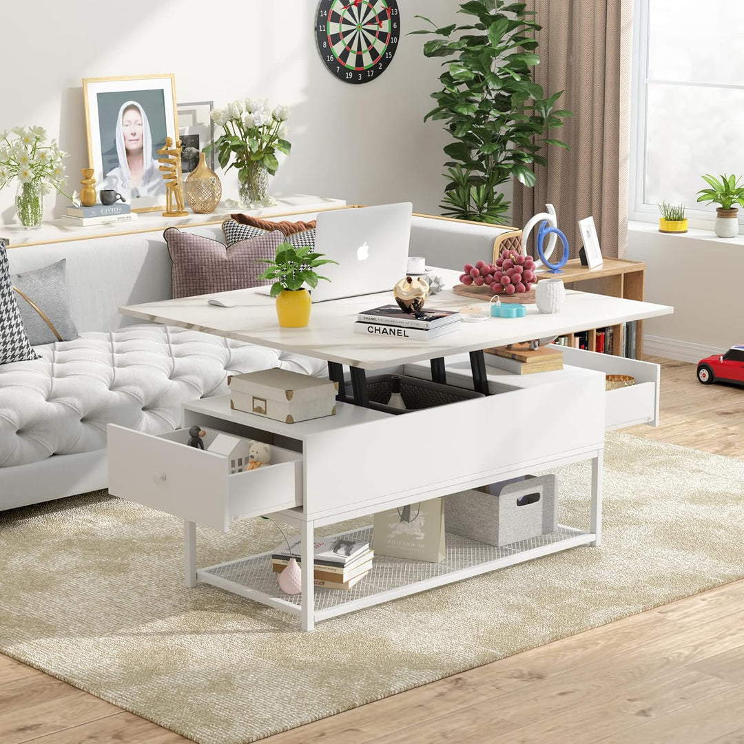 Lift Top Coffee Table with Storage Drawers and Hidden Compartment, Faux Marble White