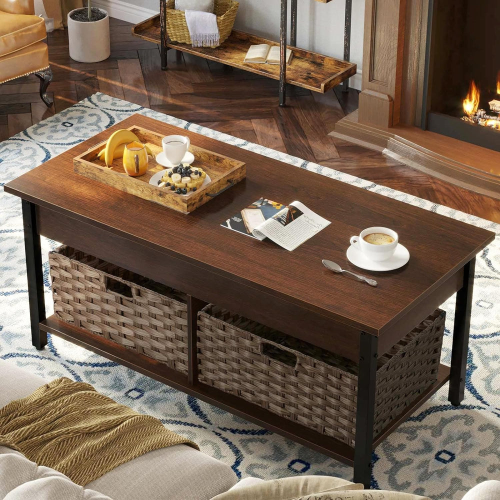 Lift Top Coffee Table with Hidden Storage, Rattan Baskets, Espresso