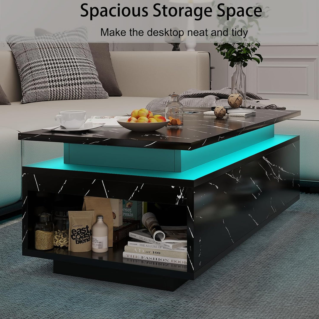 LED Coffee Table with Storage, Wireless Charging, Bluetooth - Black