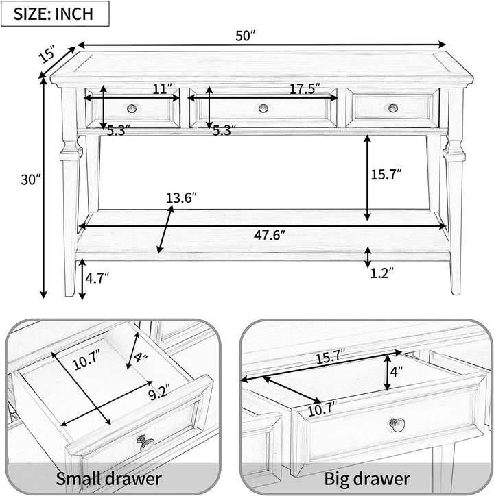 50" Farmhouse Console 3 Drawers Open Shelf Solid Wood