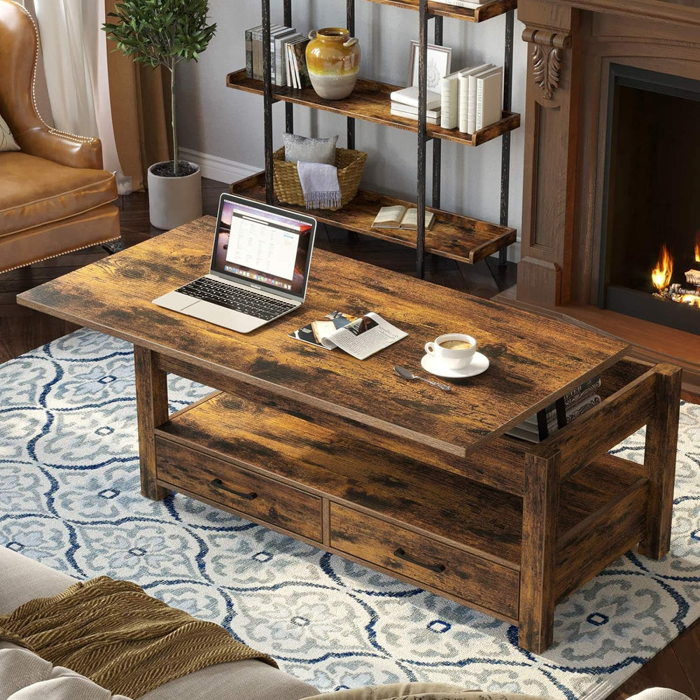 Rustic Lift-Top Coffee Table, Drawers, Hidden Compartment, Wooden