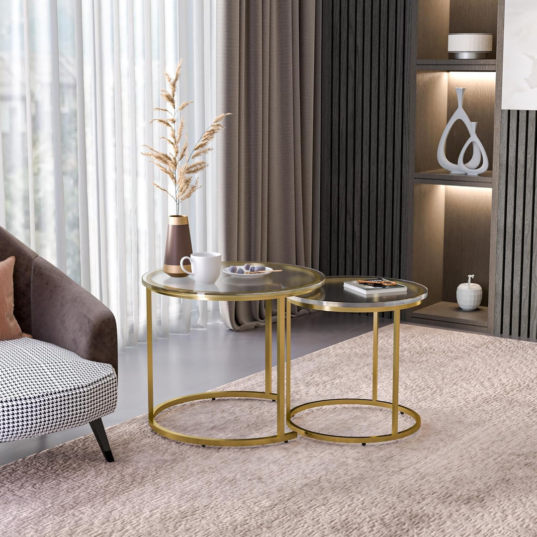 Nesting Round Coffee Table Set, Stacking Side Tables with Glass Tabletop and Golden Metal Frame