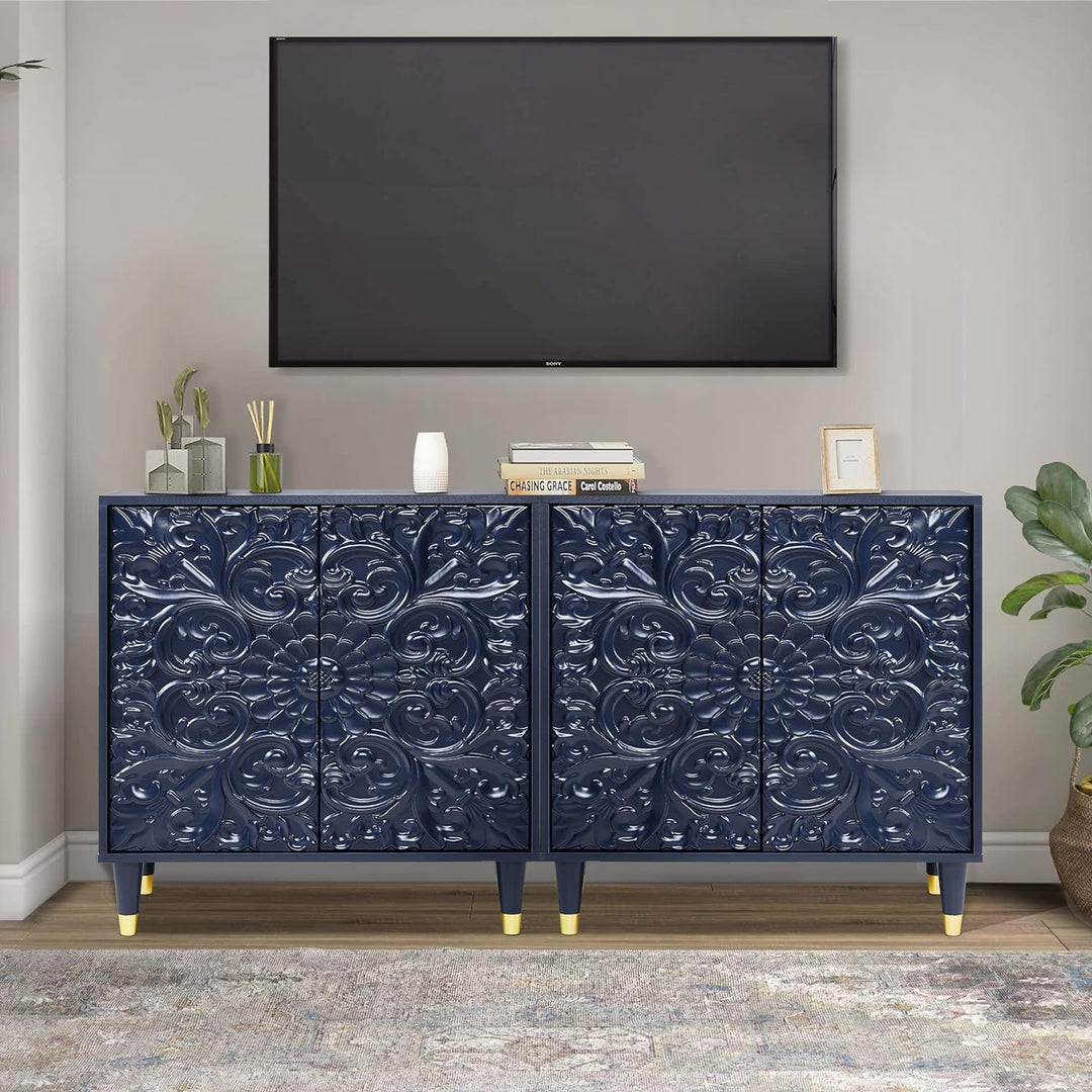 Accent Cabinet Set of 2, Luxury Carving Board Buffet Cabinet with Storage, Gray Blue