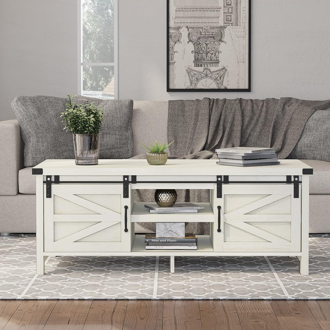 Farmhouse Coffee Table with Hidden Storage, Sliding Barn Doors, Wash White