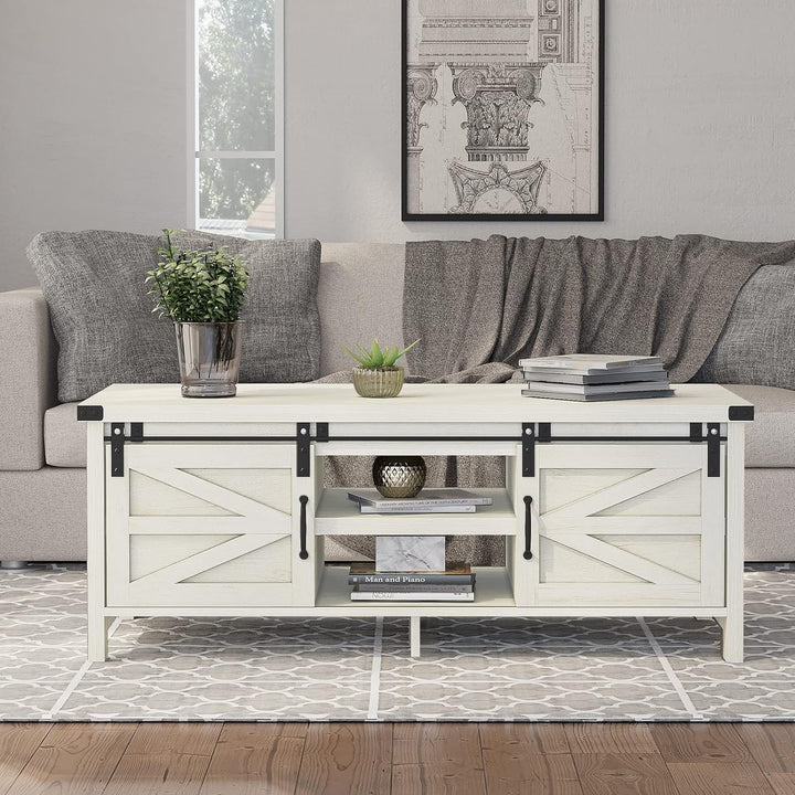 Farmhouse Coffee Table with Hidden Storage, Sliding Barn Doors, Wash White