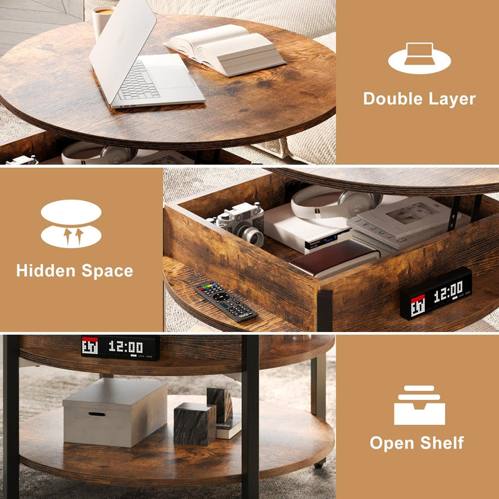 Rustic Brown Round Lift Top Coffee Table with Hidden Storage