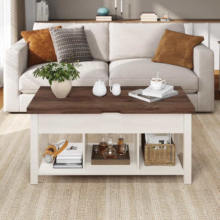 Versatile Farmhouse Coffee Table, Hidden Storage, Open Shelf, Old White