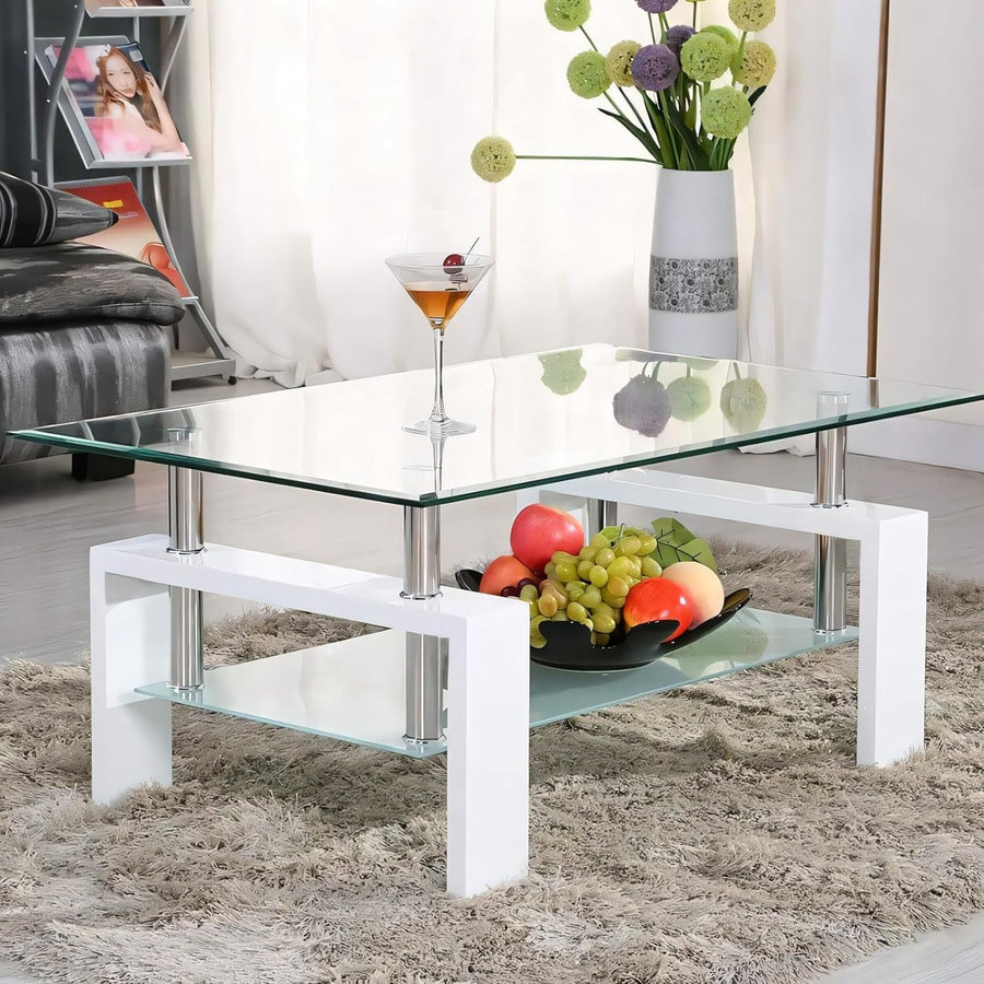 Stylish 2-Tier Glass Coffee Table, White