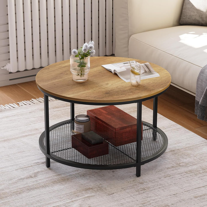 31.5" Round Coffee Table, 2-Tier Brown Wood Living Room Table, Industrial