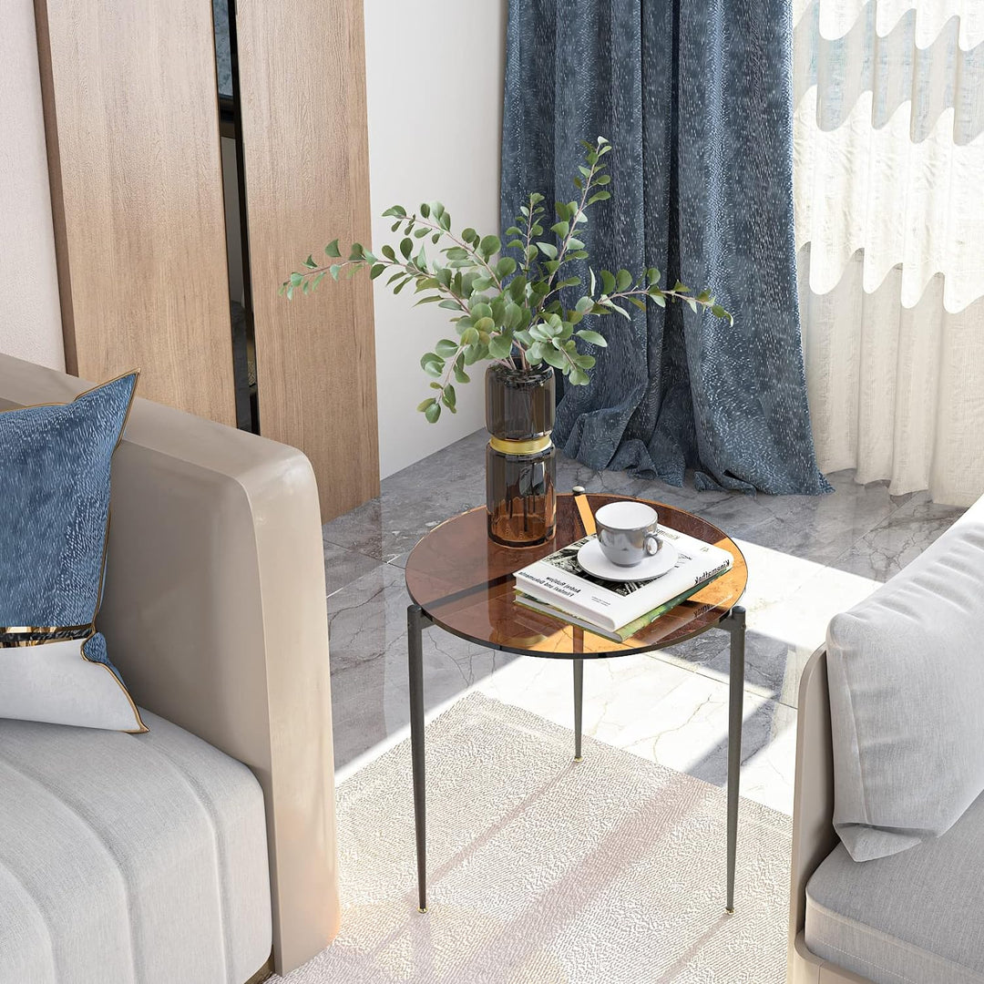 Modern Round End Table: 19.8" Glass Top, 3 Legs, Brown