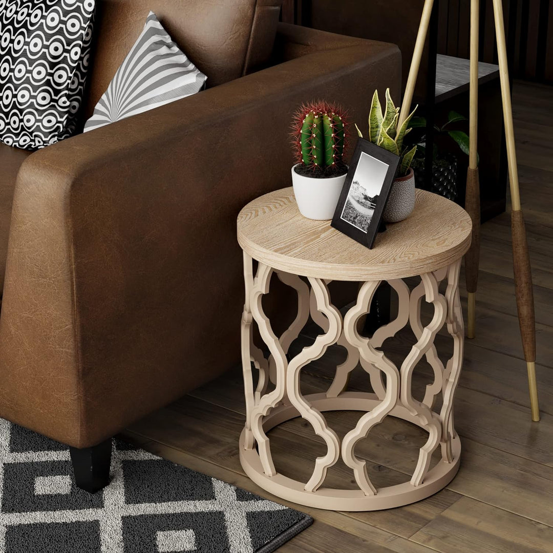 Farmhouse End Table w/ Distressed Wood Top, Curved Motif Frame