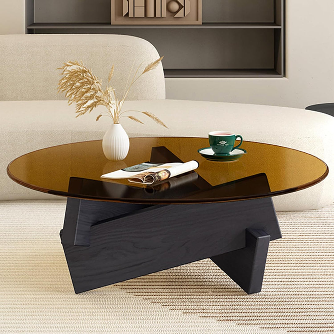 Coffee Table, Round Modern Glass Coffee Table, Black Brown