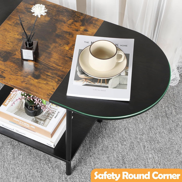 Coffee Tables for Living Room, 2-Tier Small Oval Center Table with Storage Shelf, Industrial Modern Style, Wood Tabletop, Brown & Black