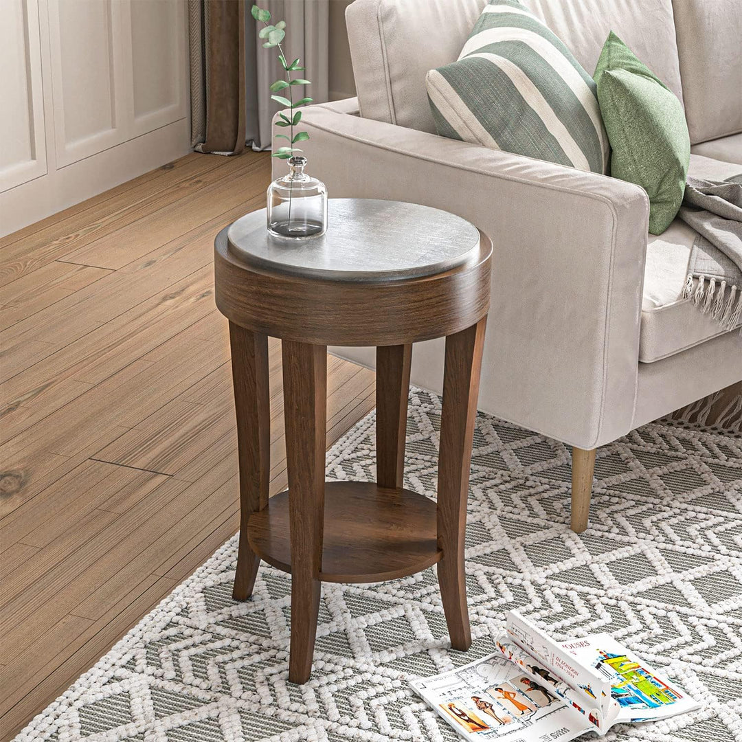 2-Tier Round End Table, Brown & Silver Accent