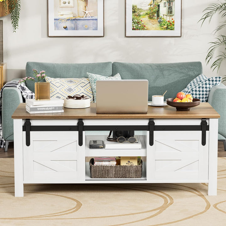 Farmhouse Coffee Table with Storage, Rustic Living Room Table, Antique White