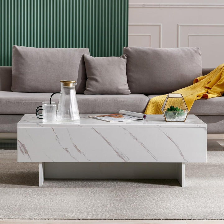 Marble White Cool Coffee Table, Rectangular Glossy Smart Contemporary Center Table, White