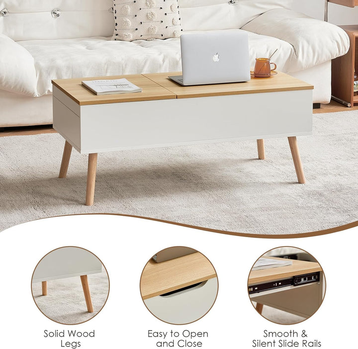 Lift Top Coffee Table, Modern Desk with Hidden Drawer, Wood, White