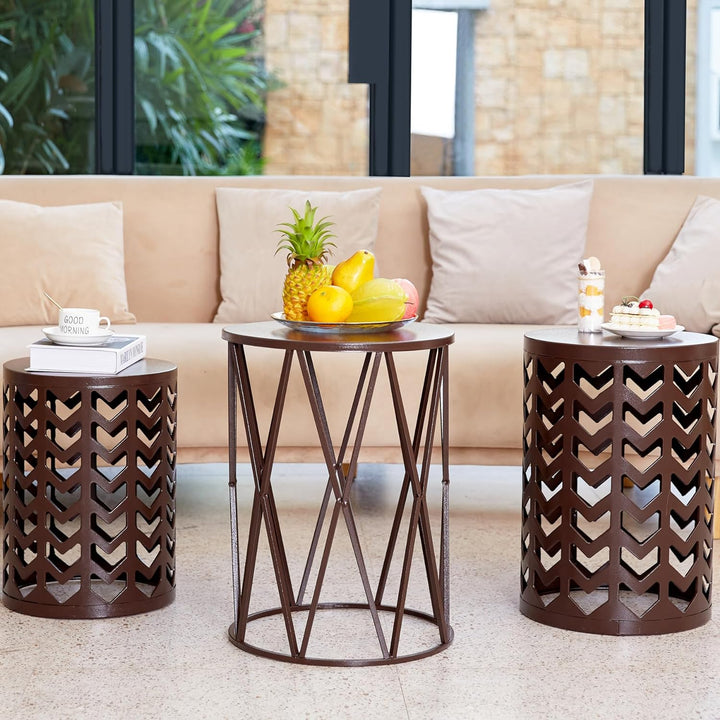 Nesting Coffee Tables, Set of 3 End Tables - Heavy Duty Metal, Brown