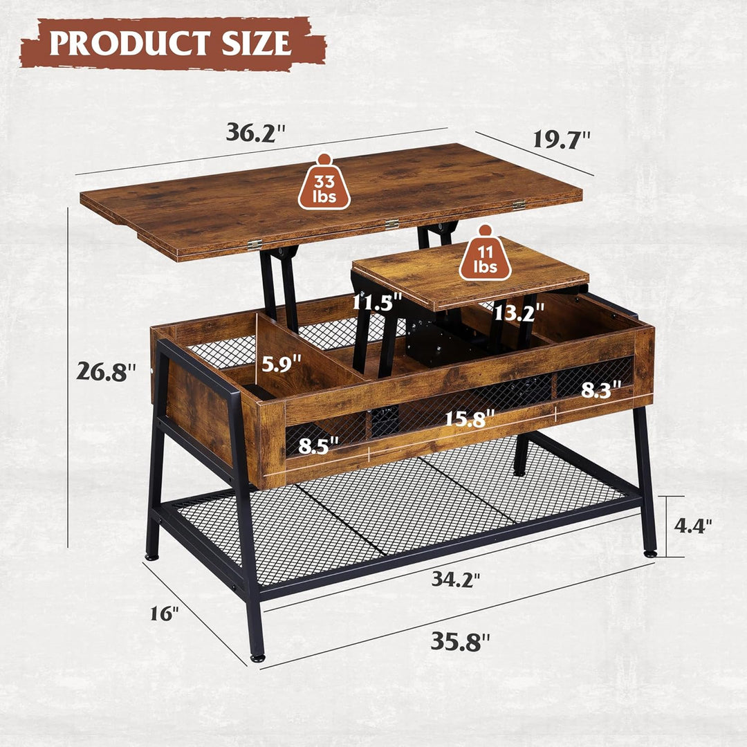 Lift Top Coffee Table with Hidden Storage, Converts to Dining Table, Rustic Brown