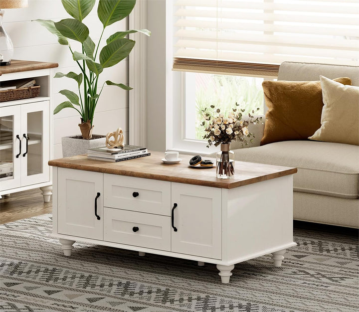 Rustic Wooden Coffee Table with Drawers, Modern Center Table, Off White