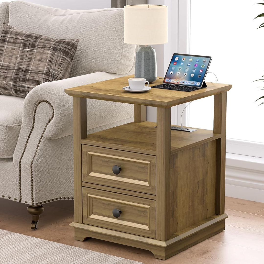 End Table w/ USB C Charging, 24" Sofa Side Table, 2 Drawers