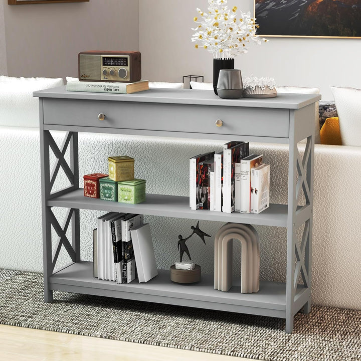 3-Tier Console Table, Wooden Sofa Tables Narrow (Grey)