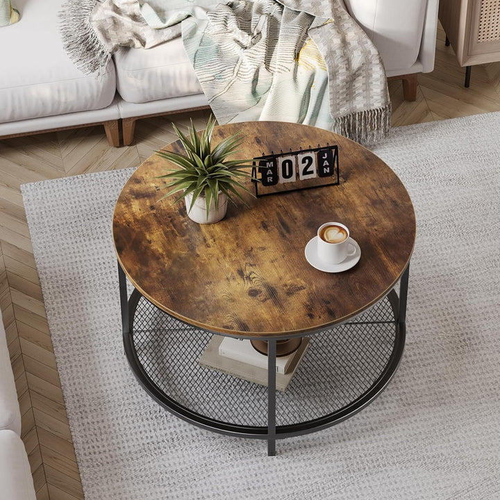 31.5" Round Coffee Table, 2-Tier Rustic Wood Living Room Table