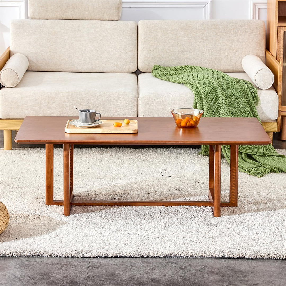 Imitation Rattan Solid Wood Coffee Table, Rectangular, B-walnut