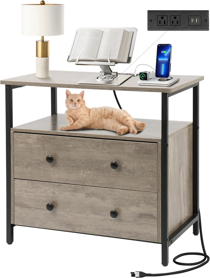 27" Nightstand w/ Charging Station, 2 Drawers, Open Shelf