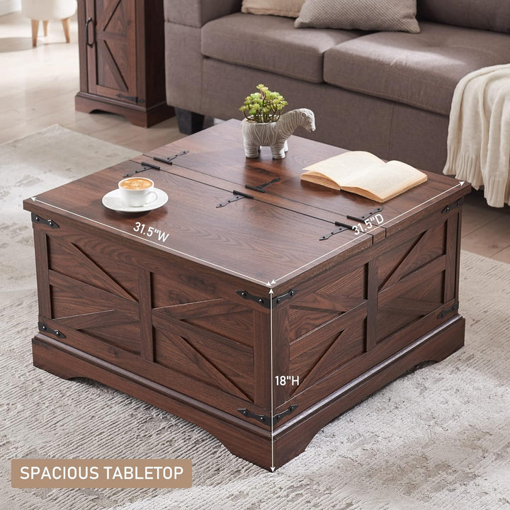 Farmhouse Coffee Table with Hidden Storage, Rustic Wooden Center Table, Brown