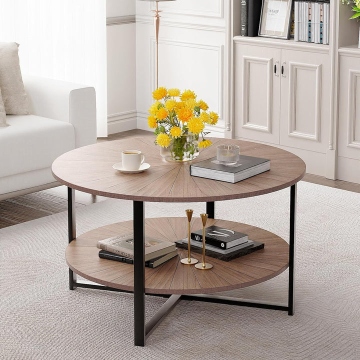 Round Wood Coffee Table with Storage Open Shelf, Brown