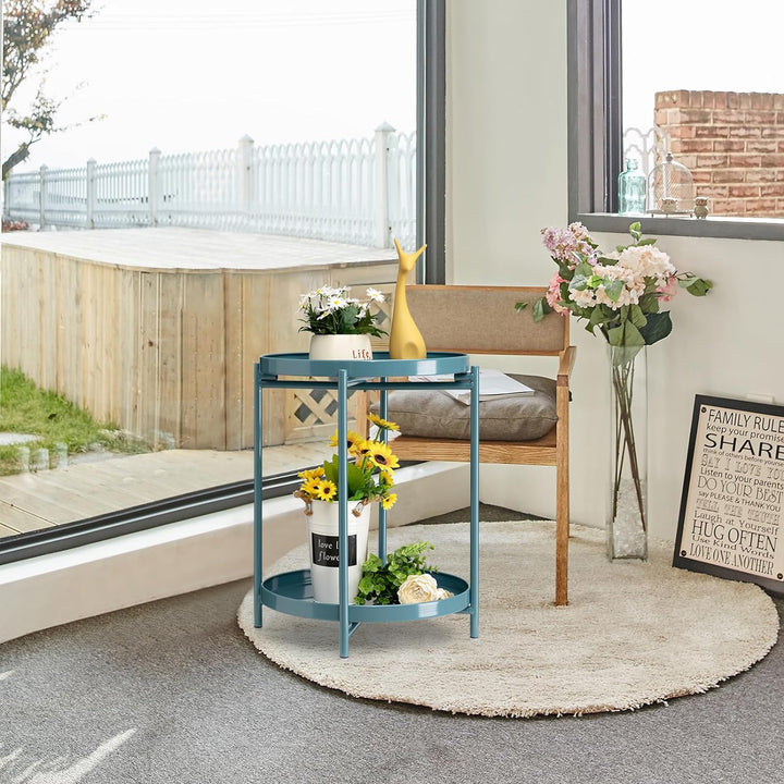 2 Tier Round Side Table, Folding Metal End Tables