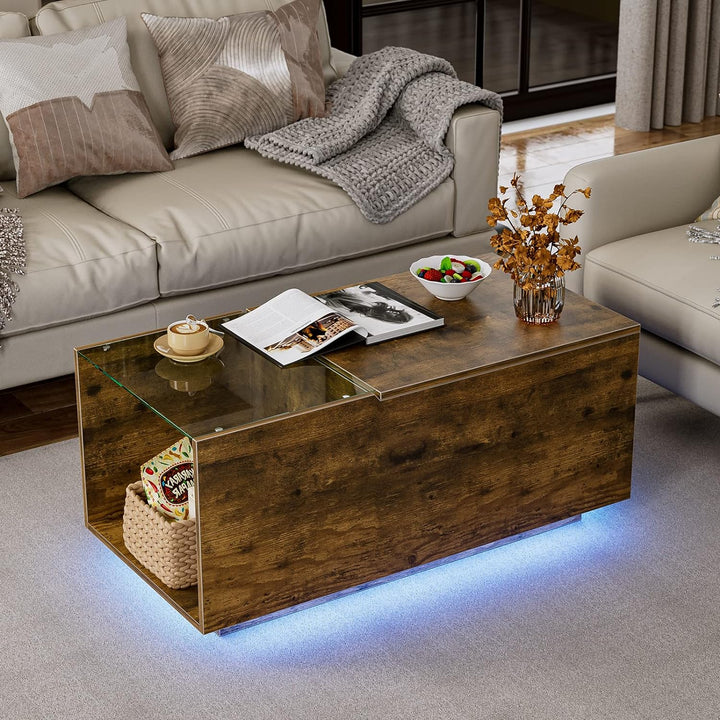 Rustic Lift-Top Coffee Table with LED Lights, Charging Station