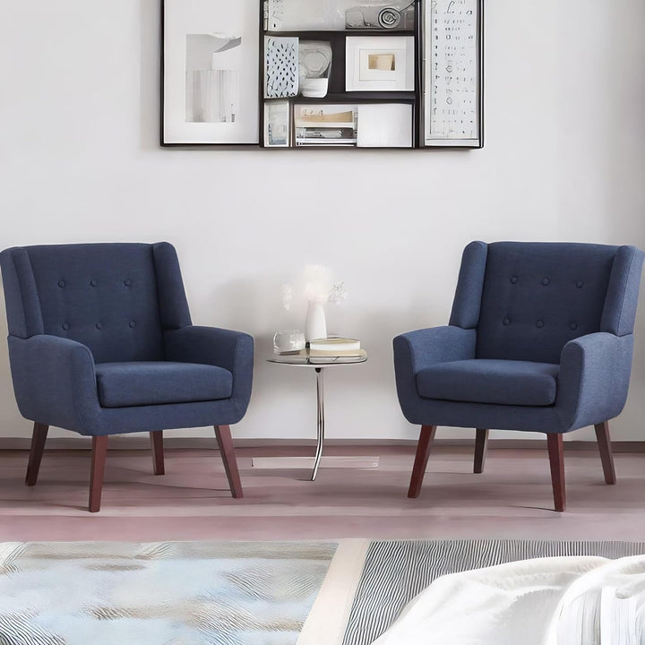 Accent Chair, Arm Chair Set of 2, Button Tufted Upholstered Reading Chair, Linen Fabric Mid Century Modern Chairs for Bedroom, Living Room Chair, Comfy Sofa Chair(2, Dark Blue)