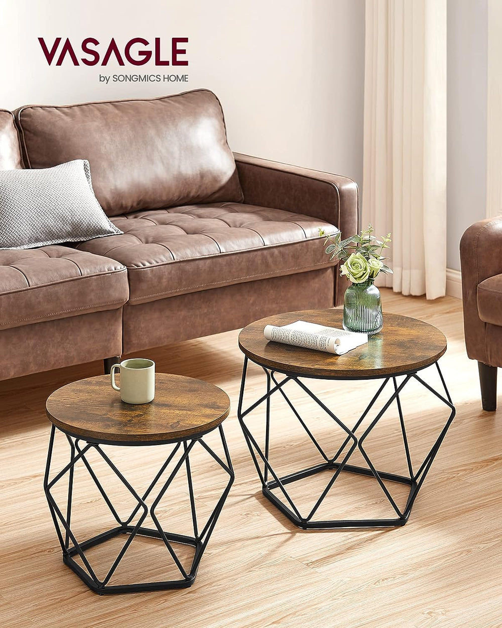 Rustic Round Coffee Table Set, Steel Frame Side End Tables