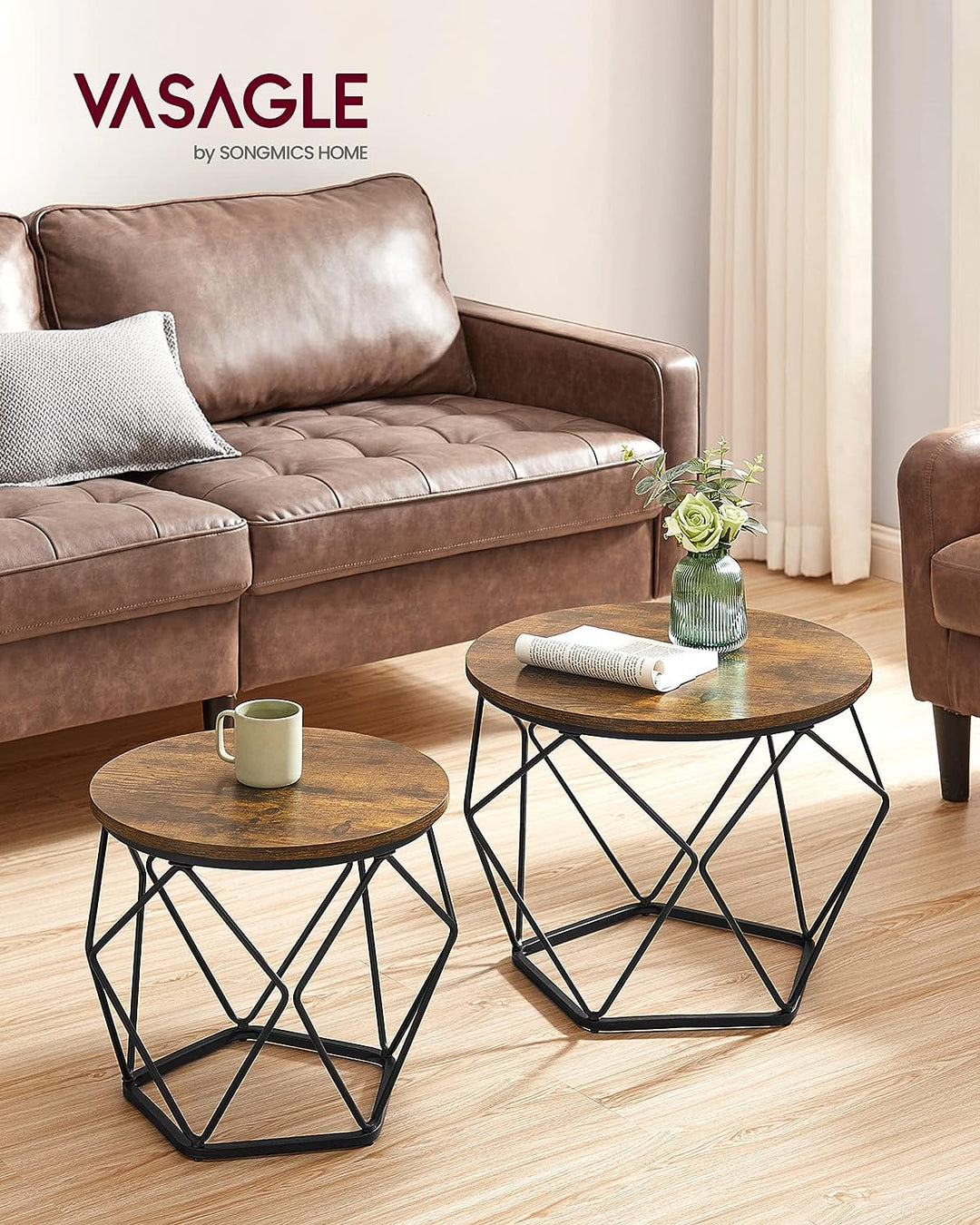 Rustic Round Coffee Table Set, Steel Frame Side End Tables