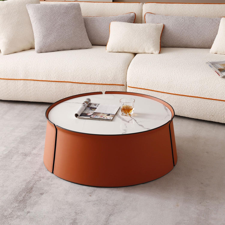 Coffee Table, Modern Round End Table, Saddle Leather, 31.5" Brown