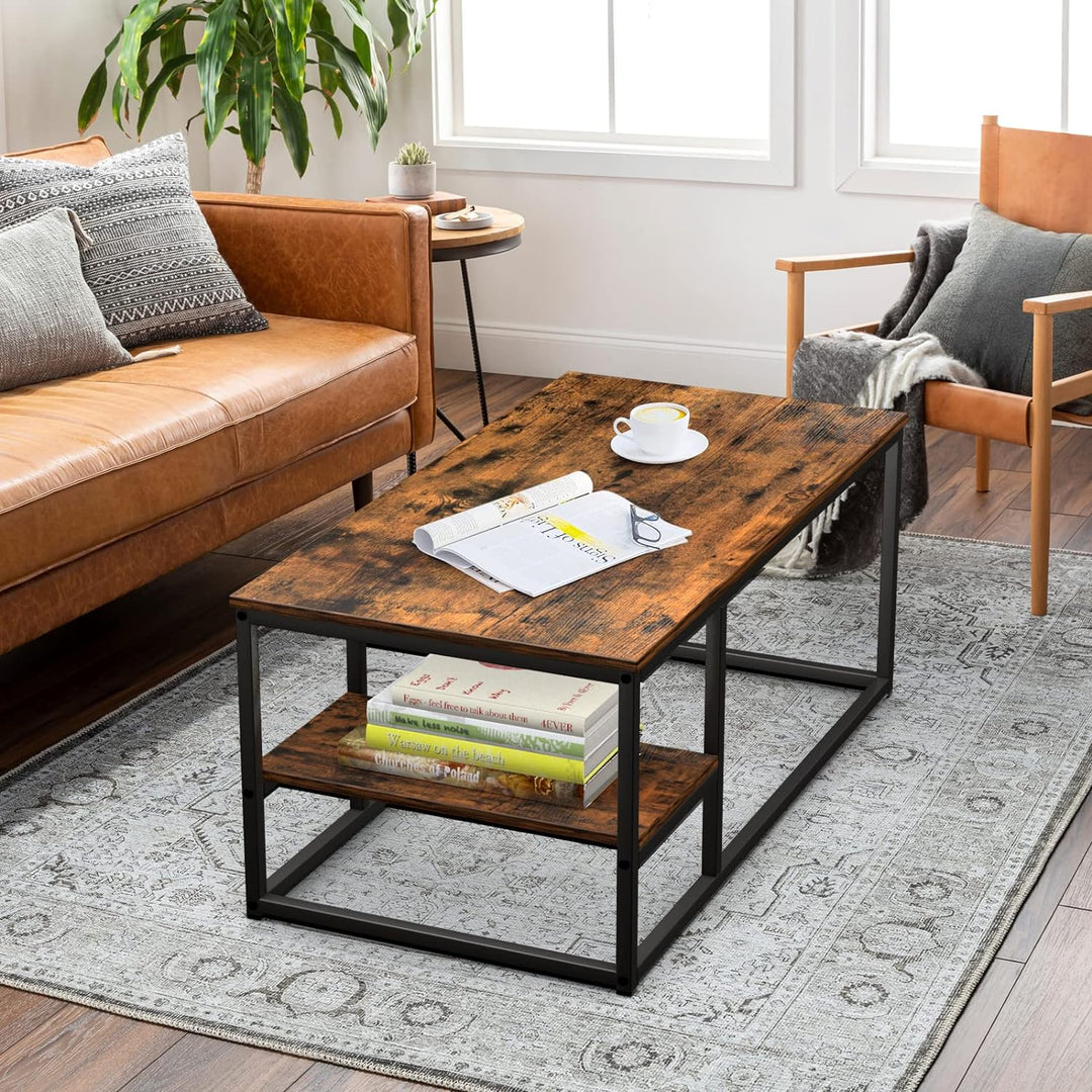 Rustic Coffee Table with Steel Frame and Shelves, Scandinavian Style, Vintage Brown