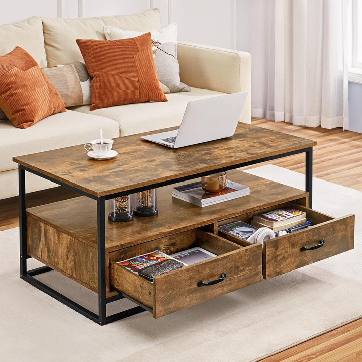 Rustic Industrial Coffee Table with Storage Shelf, Rustic Brown