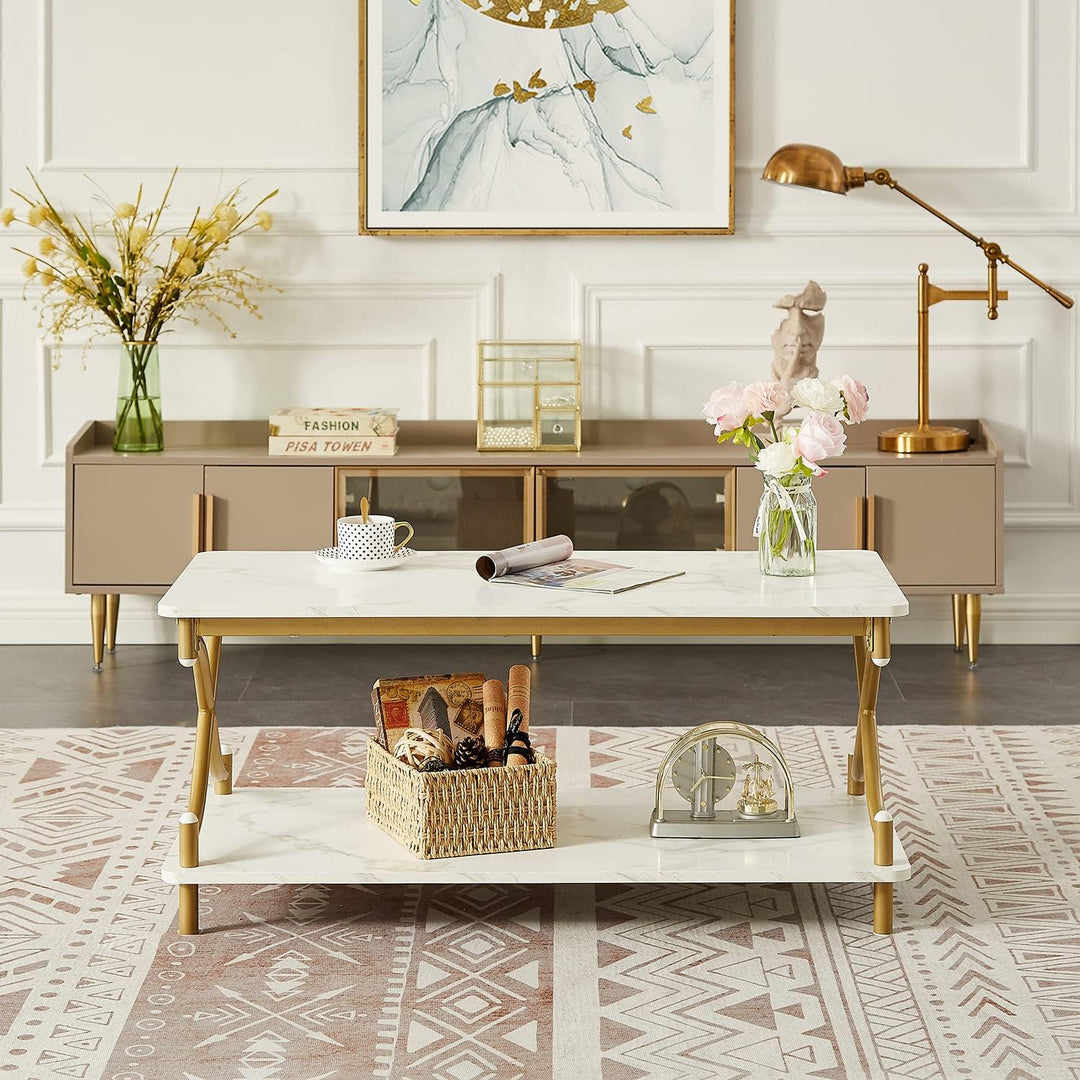 Versatile White and Gold Coffee Table, Modern Rectangle Design