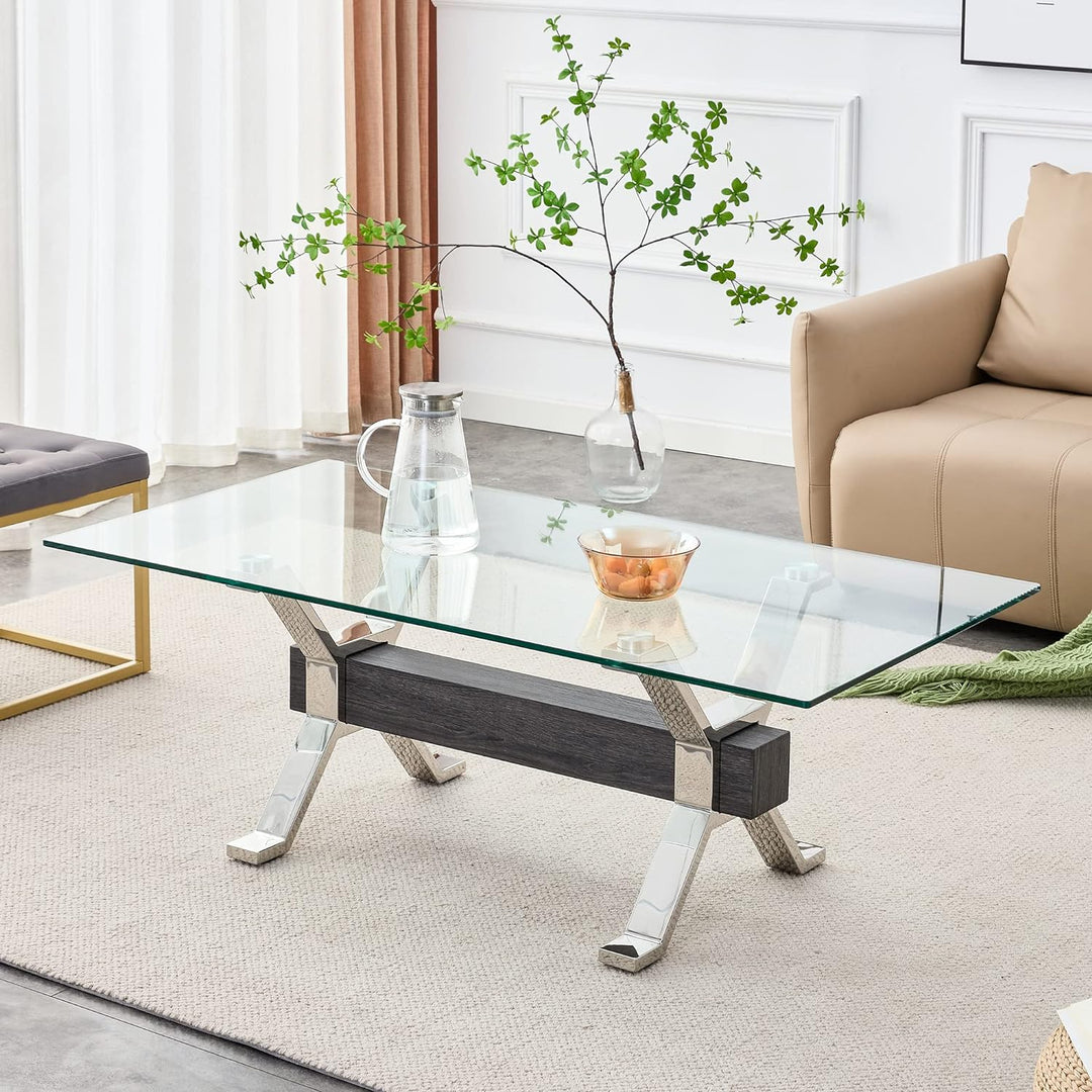 Pvillez Modern Glass Coffee Table, Rectangular Center Table