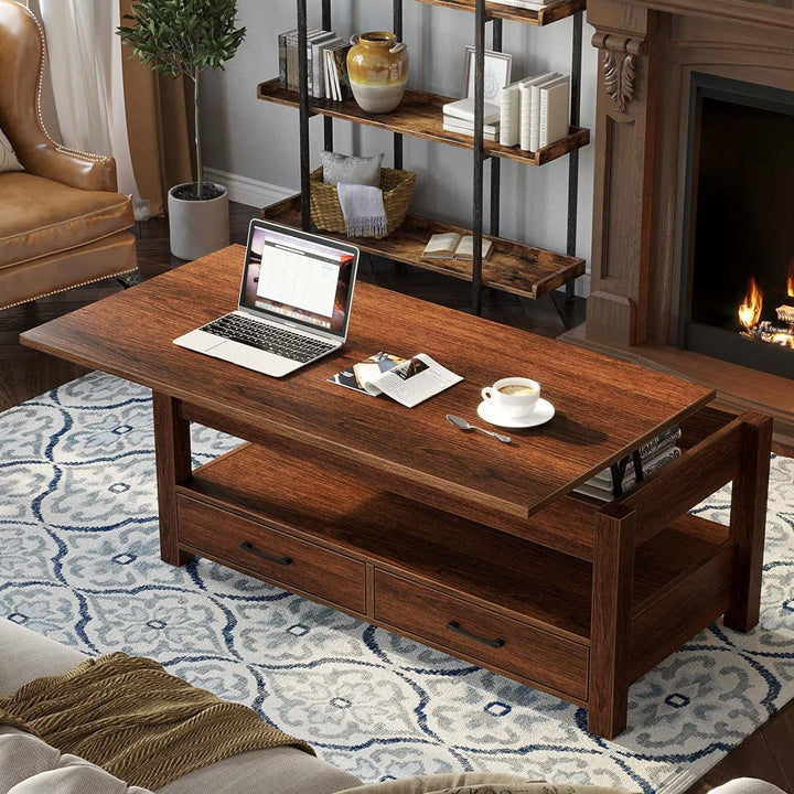 Lift Top Coffee Table with Drawers, Retro Central Table, Espresso