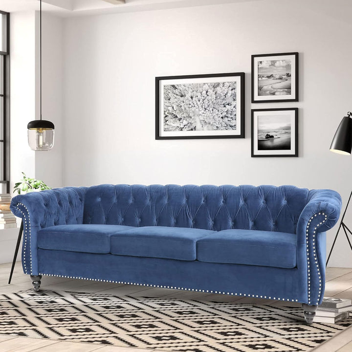 Chesterfield Sofa, Modern Velvet Tufted Couch 3 Seater (Blue)