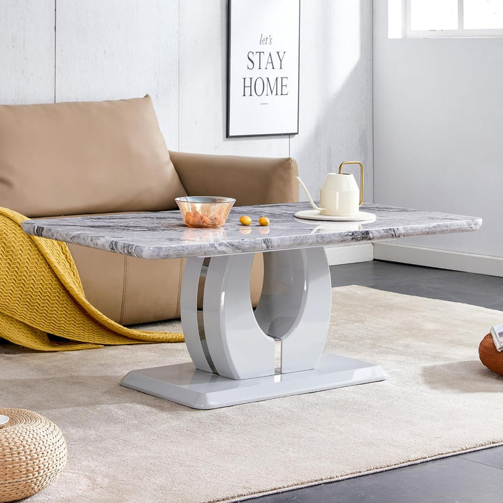 Faux Marble Coffee Table with MDF Base, Rectangular Accent Table, Light Grey