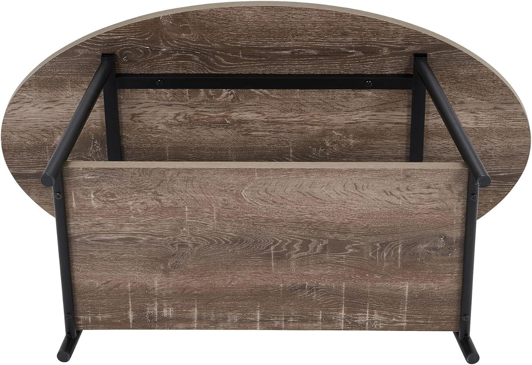 Rustic Oval Coffee Table with Storage Shelf, Distressed Ashwood