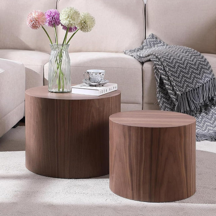 Optimized Coffee Table Set, Modern Round Walnut, Wooden Circle