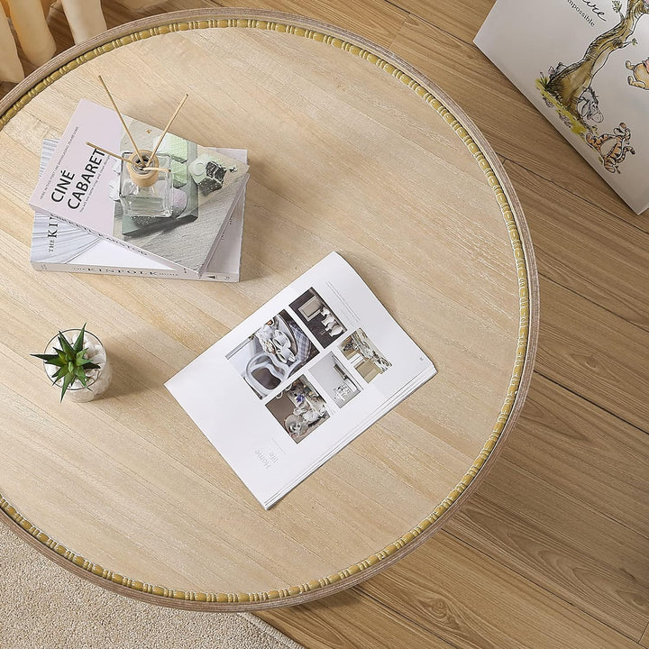 Rustic Farmhouse Round Coffee Table, Boho Wood Tray Top, White