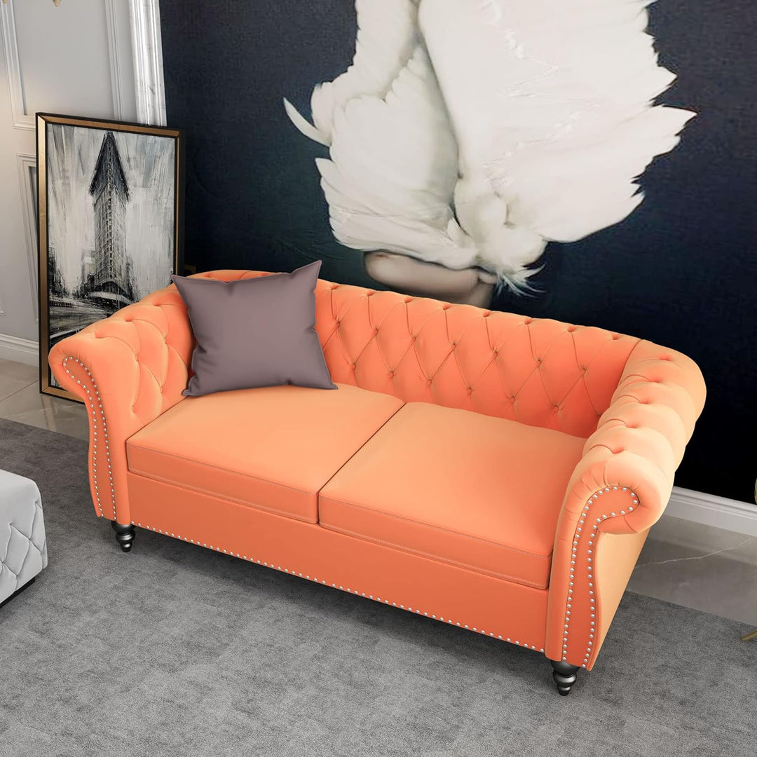 Chesterfield Loveseat, Modern Velvet Sofa Tufted Couch (Orange)